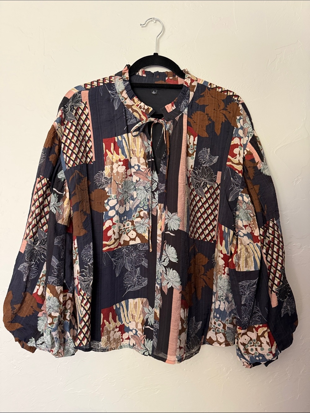 Fate Navy Multi Patchwork Tie-Neck Blouse